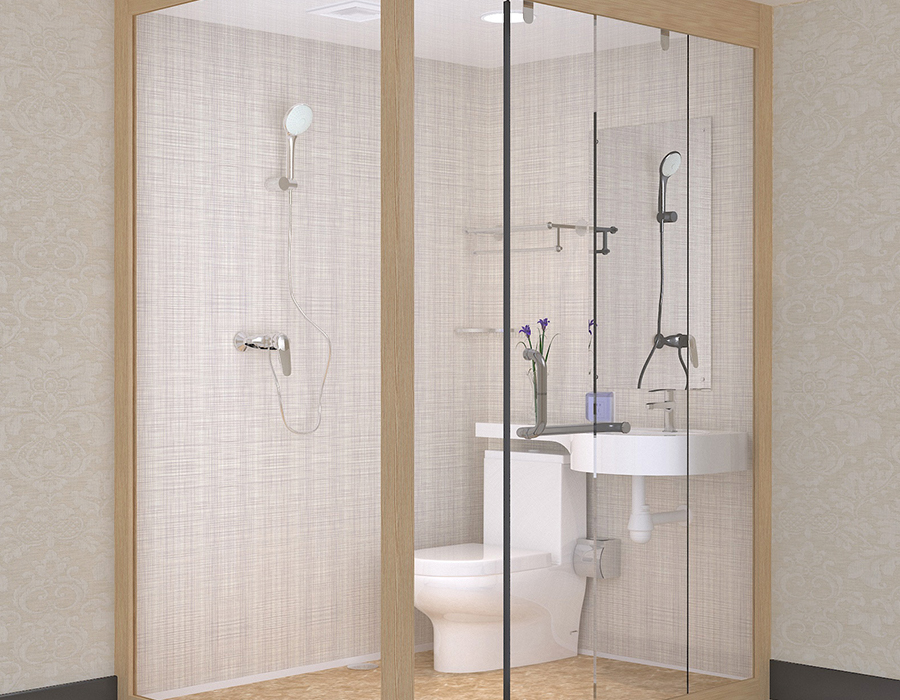 Hotel Modular Bathroom na may PEC Resin Fiber Interior Wall Panels at Glass Exterior Walls